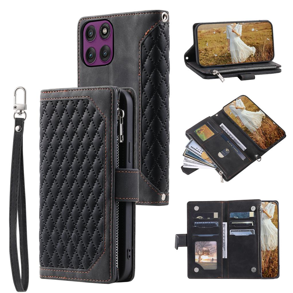 For Motorola Moto G56 5G Wallet Case Rhombus Stitching Line PU Leather Phone Cover with Wrist Strap