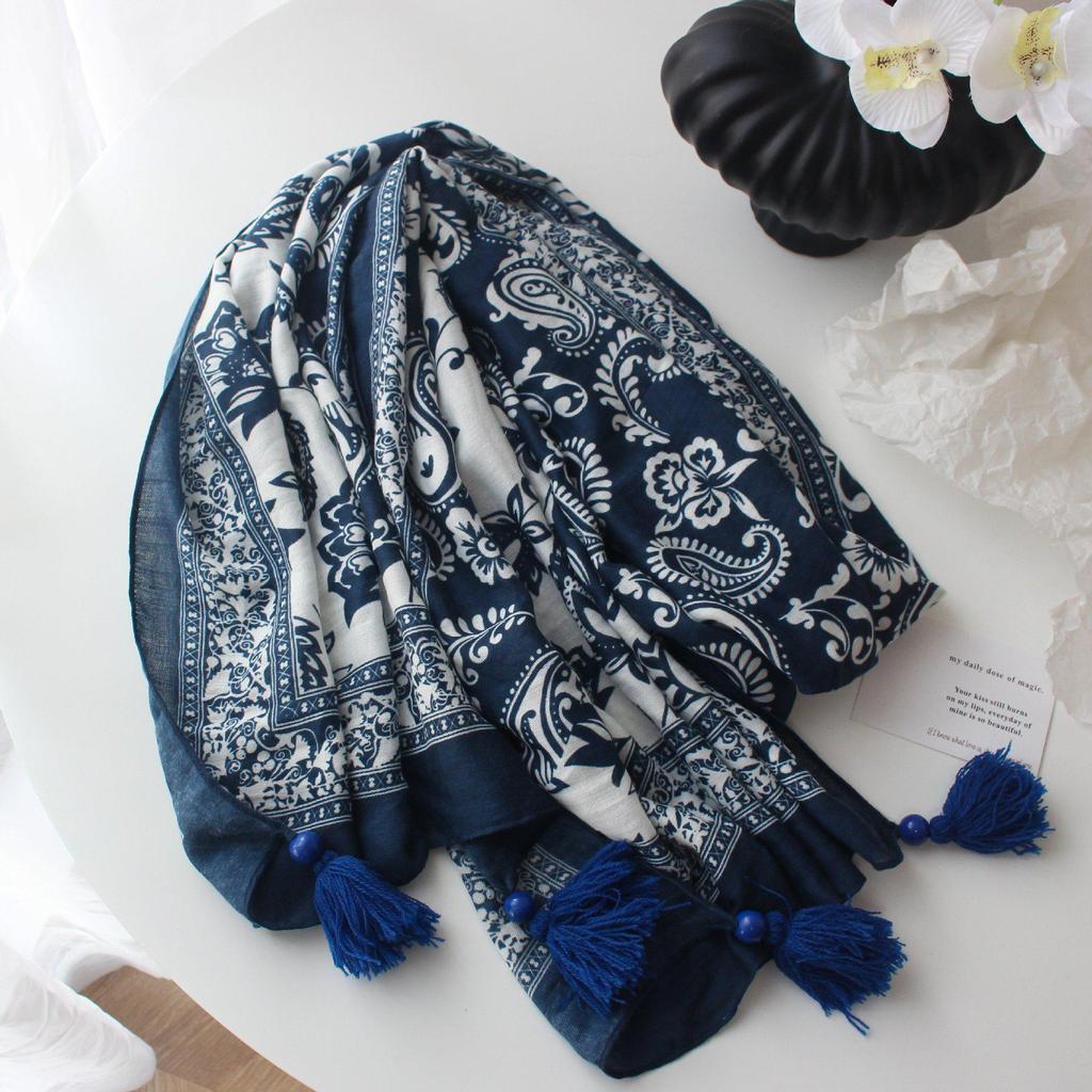 Yunnan Ethnic Tassel Tie-Dye Blue Scarf - Fashionable Travel & Sun Protection Shawl