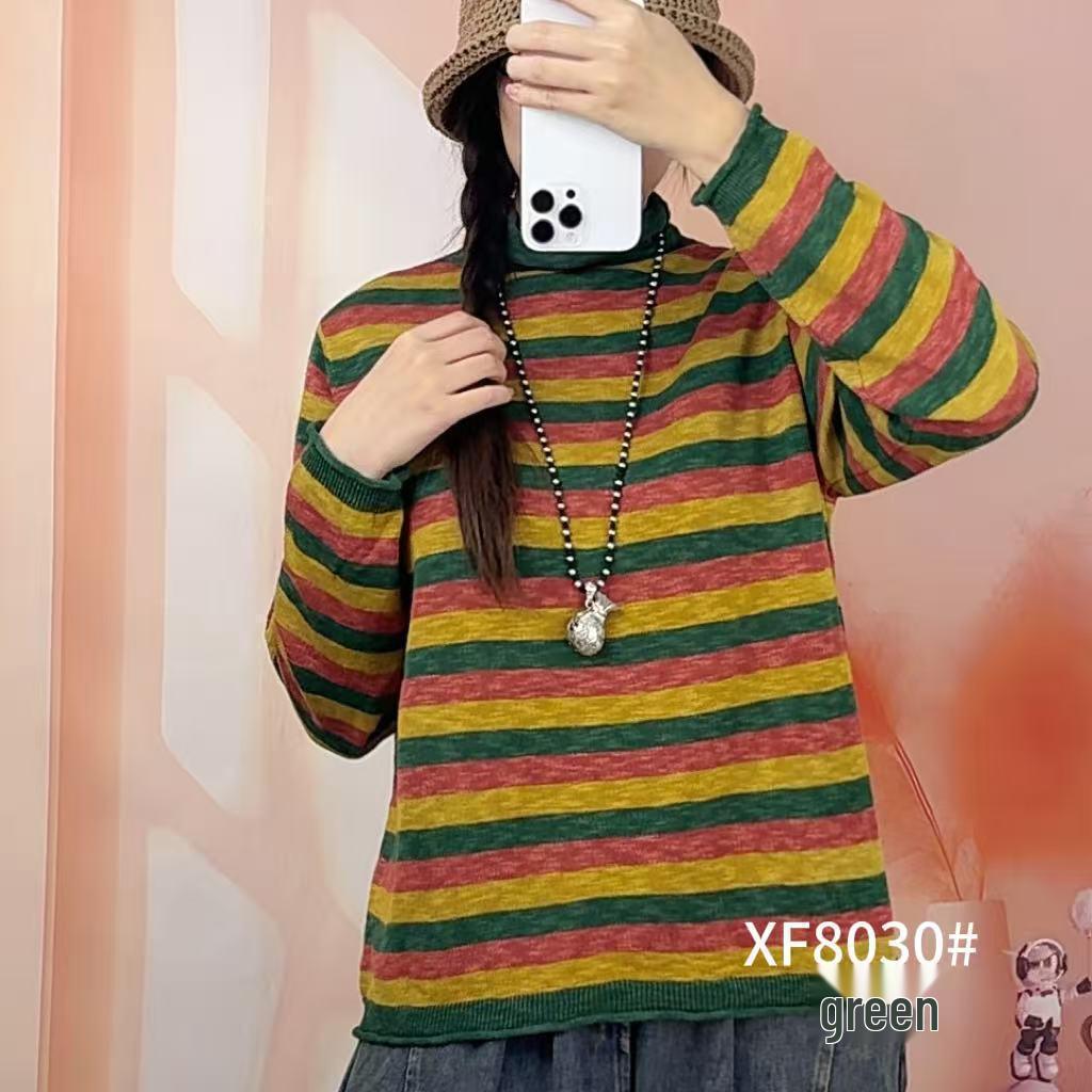 Retro Striped Turtleneck Sweater: Women's Slimming Knitwear for Autumn & Winter