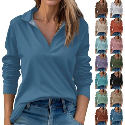 Women's Autumn And Winter Tops V-Neck Solid Color Casual Fashion Top T-Shirt
