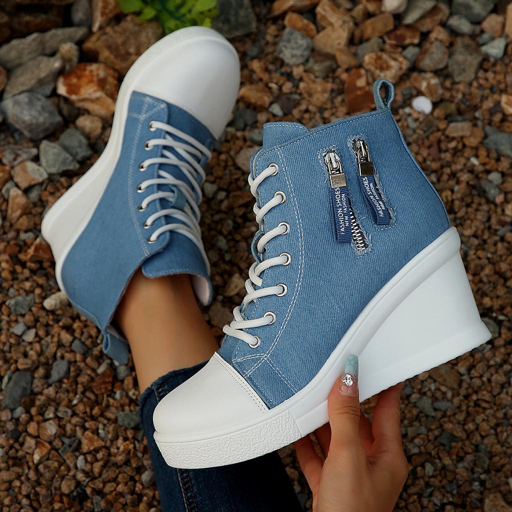 Fashion Women's Platform Wedge Heel High Top Sneakers Blue Denim Casual Canvas Shoes Woman Fashion Thick Sole Lace Up Vulcanized Shoes
