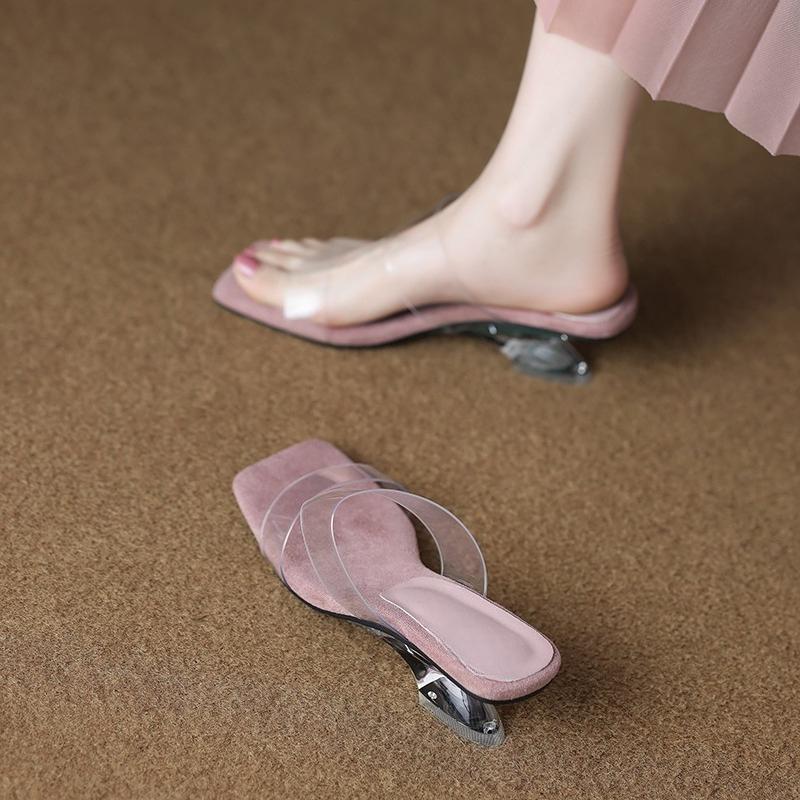 

Fashion New 2025 Women Line Up Strap Summer High Heels Transparent Sandals Fashionable Thick Heels Crystal Slippers Clear Women s Shoes 35 розовый