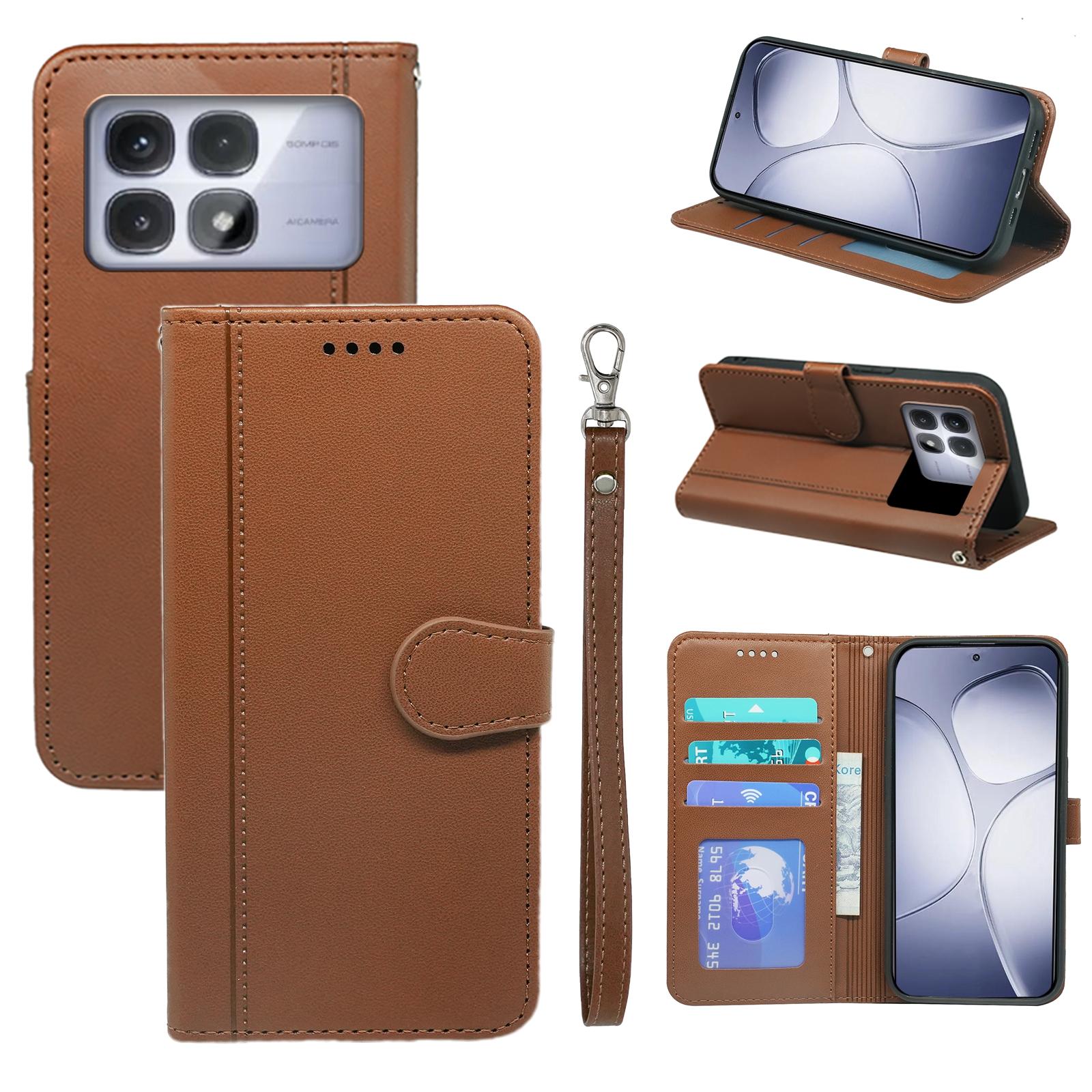 

For Xiaomi Redmi K70 Ultra Wallet Case Magnetic Snap Leather Phone Cover with Strap Brown