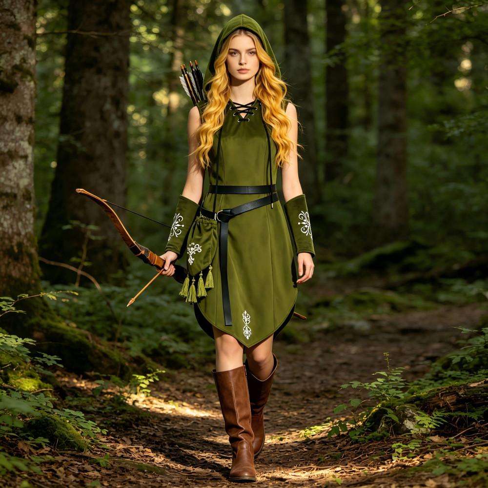 Elfen-Themen-Cosplay-Kostüm für Damen aus Polyesterstoff mit Kapuzenumhang für die Halloween-Party