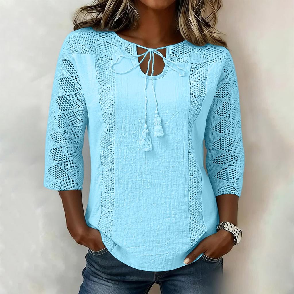 Womens Spring Tops Lace Patchwork 34 Sleeve Summer Shirts for Women Casual Loose Womens Summer Shirts Blouse