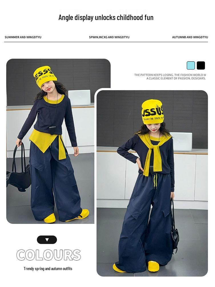 Dívčí módní podzimní dvoudílný set: Top s dlouhým rukávem a kalhoty s širokými nohavicemi 2025