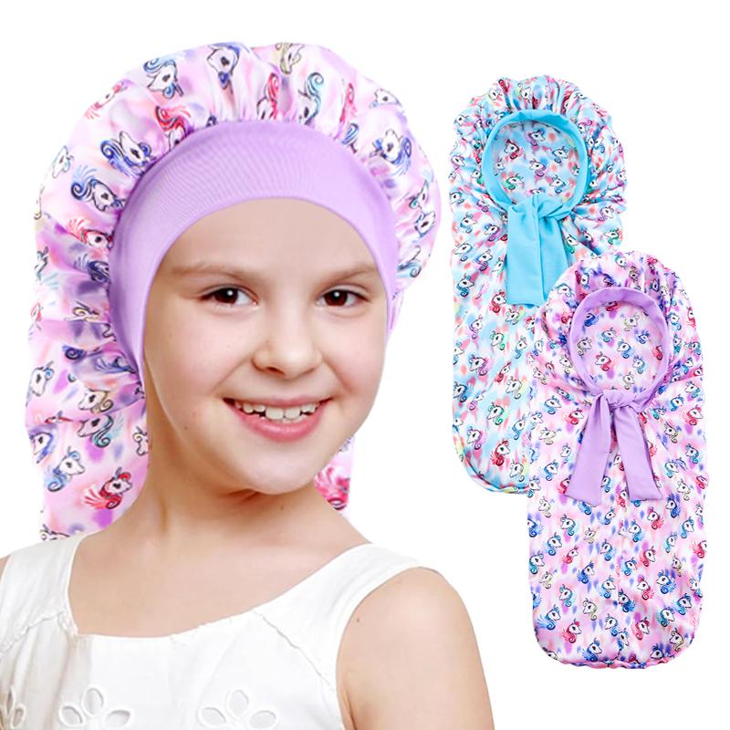 2PCS/LOT Kids Long Bonnet Night Sleep Hat Cartoon Print Elastic Shower Bath Cap Children Boys Girls Hair Care Headwrap