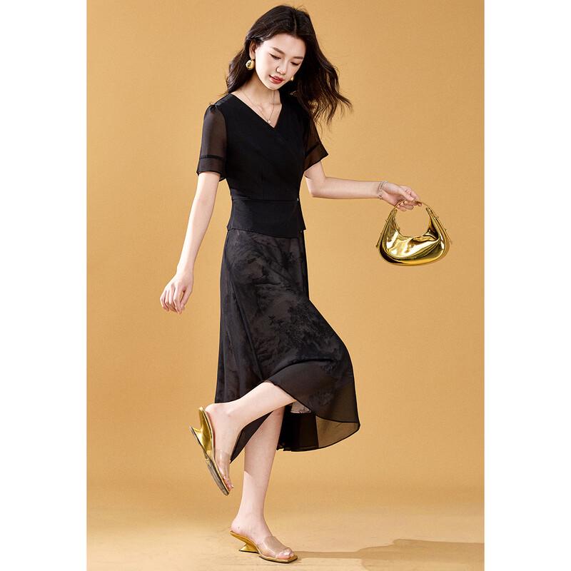 Women's Black Jacquard V-Neck Chiffon A-Line Dress