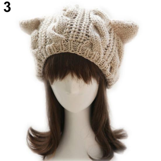 Women's Winter Knit Crochet Braided Cat Ears Beret Beanie Ski Knitted Hat Cap