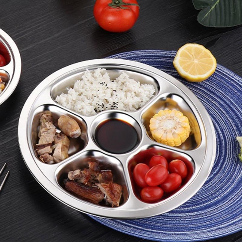 Stainless Steel Multi Compartment Round Plate 28cm For Meal Preparation Outdoor Picnics Office Lunch Microwave Safe Dish