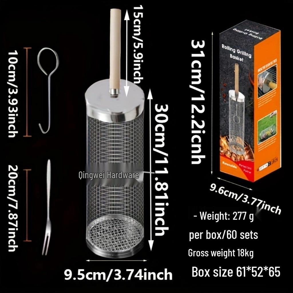 Portable Stainless Steel BBQ Basket with Wooden Handle – Round Outdoor Grilling Cage