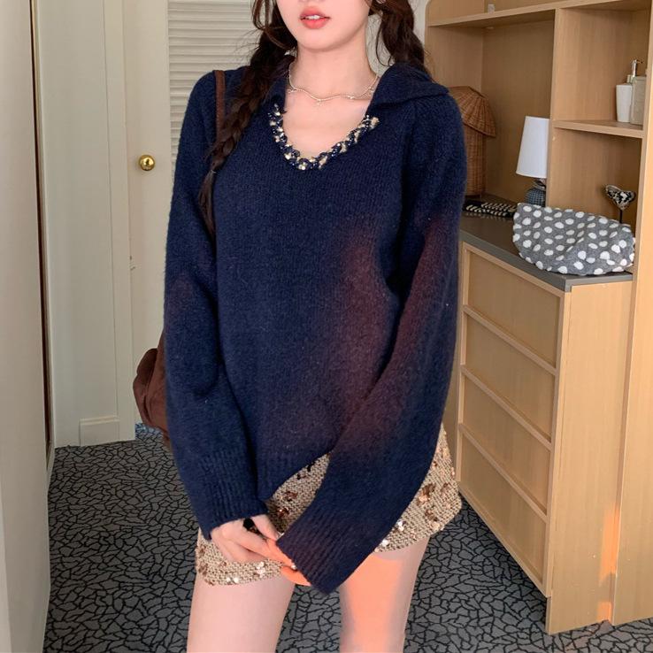 

Женский ретро вязаный свитер с отложным воротником - С длинным рукавом, Свободный, Приталенный, Универсальный топ для осени/зимы 2025 One Size темно-синий