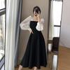 Summer Women Dresses Long Sleeve Elegant Square Collar Soft Vintage A-line Black French Style Dress PLUS Size