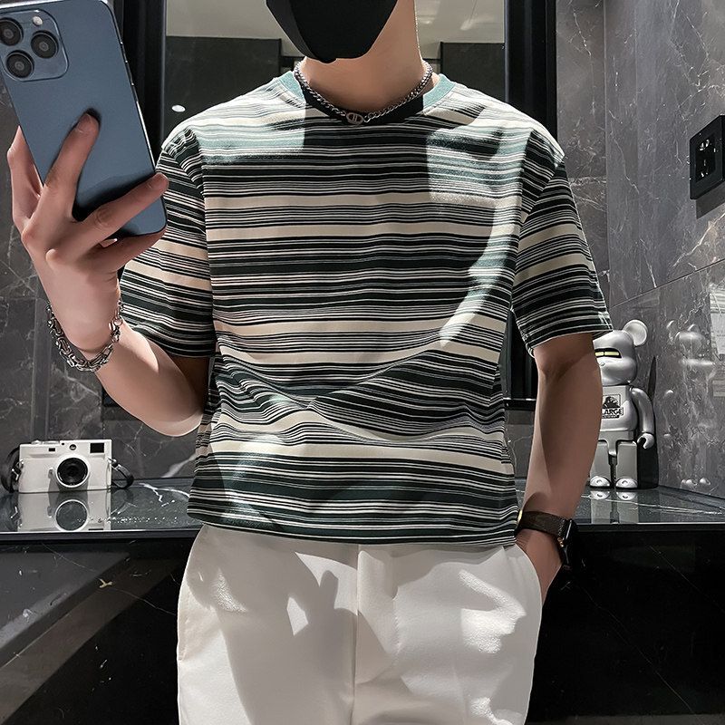 Summer Stripe Short-sleeve T-shirt for Men Casual T-shirt 2024 New Style Thin Men's Top Stylish and Handsome