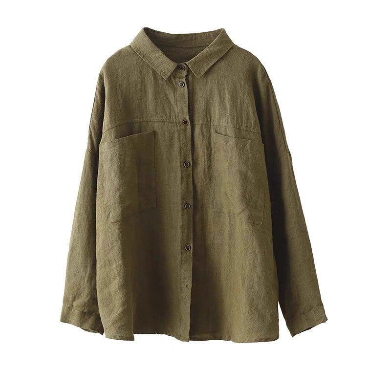Chemise Polo Manches Longues Vintage en Coton et Lin pour Femme Blouse Décontractée