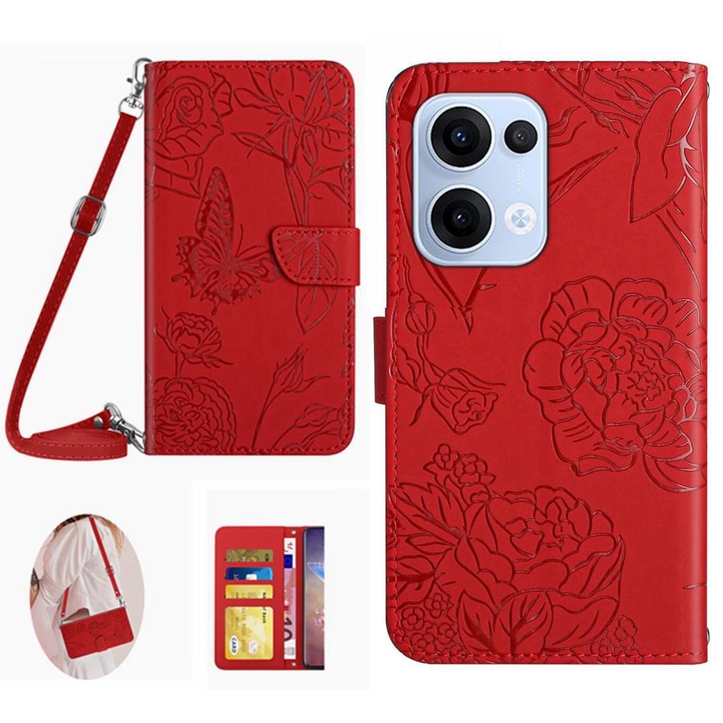 For Oppo Reno13 5G (Global) Case Butterfly Flower Imprint Leather Phone Cover with Shoulder Strap