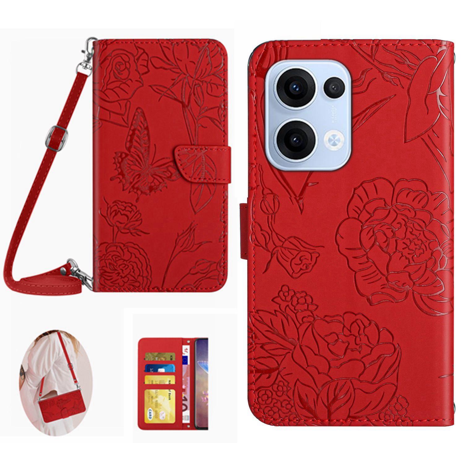 

Для Oppo Reno13 5G (Глобальный) Чехол Кожаный чехол для телефона с тиснением «Бабочка и цветок» с плечевым ремнем Red