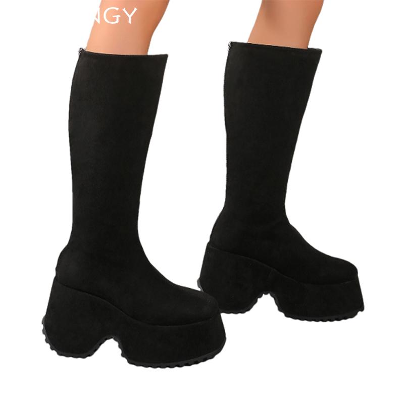 Модная платформа Женские замшевые высокие сапоги на высоком каблуке Сапоги до колена — фото 7