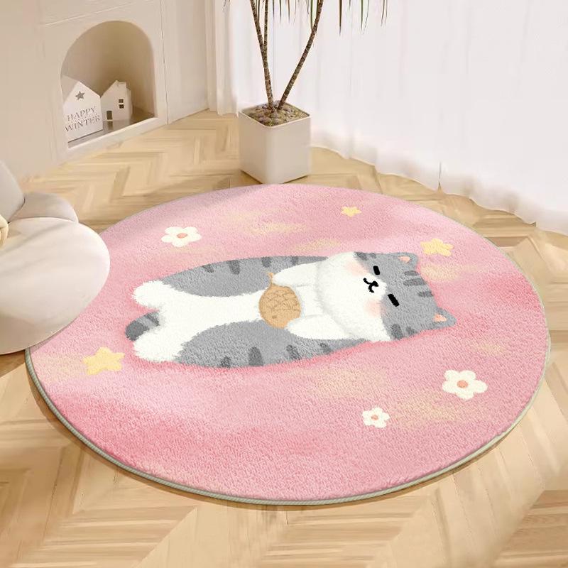 Cute Cartoon Pink Carpet for Girls: Cool-Proof Round Faux Cashmere Bedside Rug.
