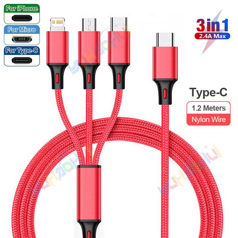 2.4A Max 3 w 1 kabel USB szybkie ładowanie kabel błyskawicy do iPhone'a typu C kabel do ładowania telefonu komórkowego do Xiaomi Samsung USB Micro