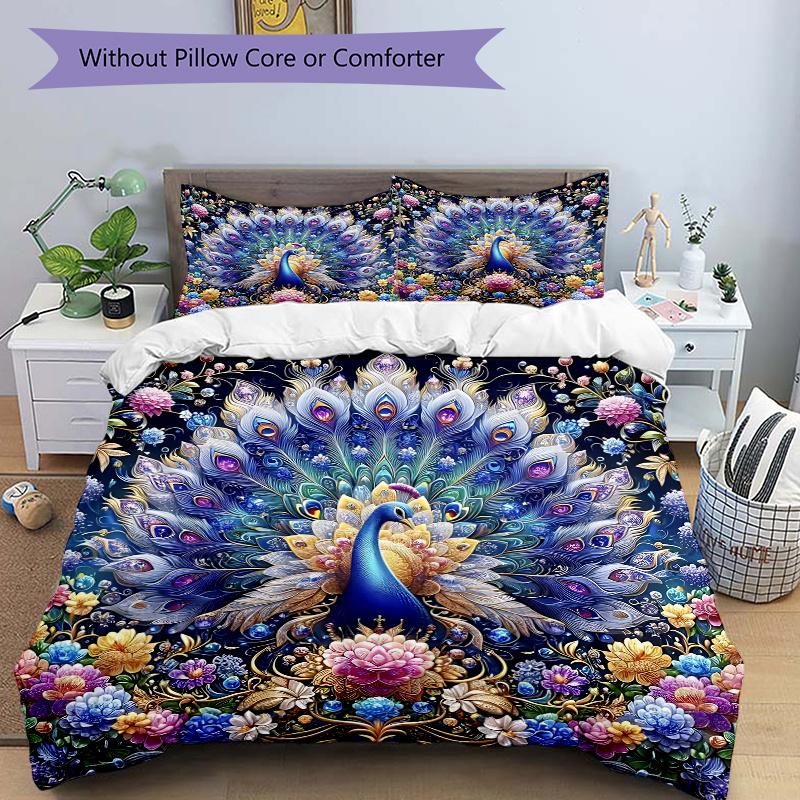 3pcs Enchanted Peacock Bedding Set, Including 1 Quilt Cover and 2 Pillow Shams, Without Filling, Soft and Comfortable Home Bedroom Fabric