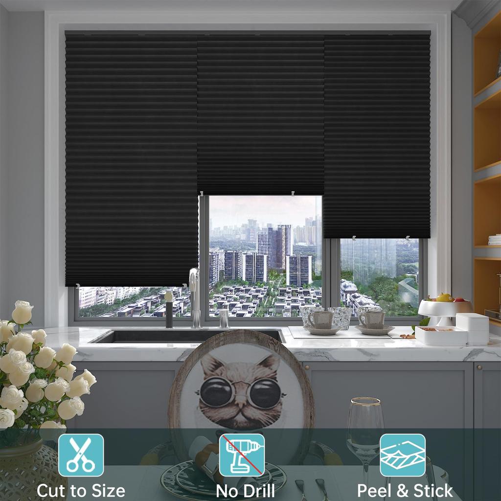 Self‑Adhesive Pleated Window Curtain,No Drill Blackout Privacy Shade for Bedroom Home