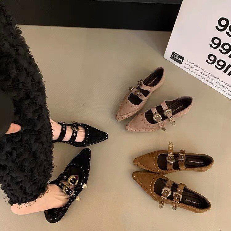 Single Shoes Women's Retro Mary Jane Women's Shoes Will Increase In Height Within 2025, Niche New Models, Rivets, Pointed Heads, Versatile Suede Comm