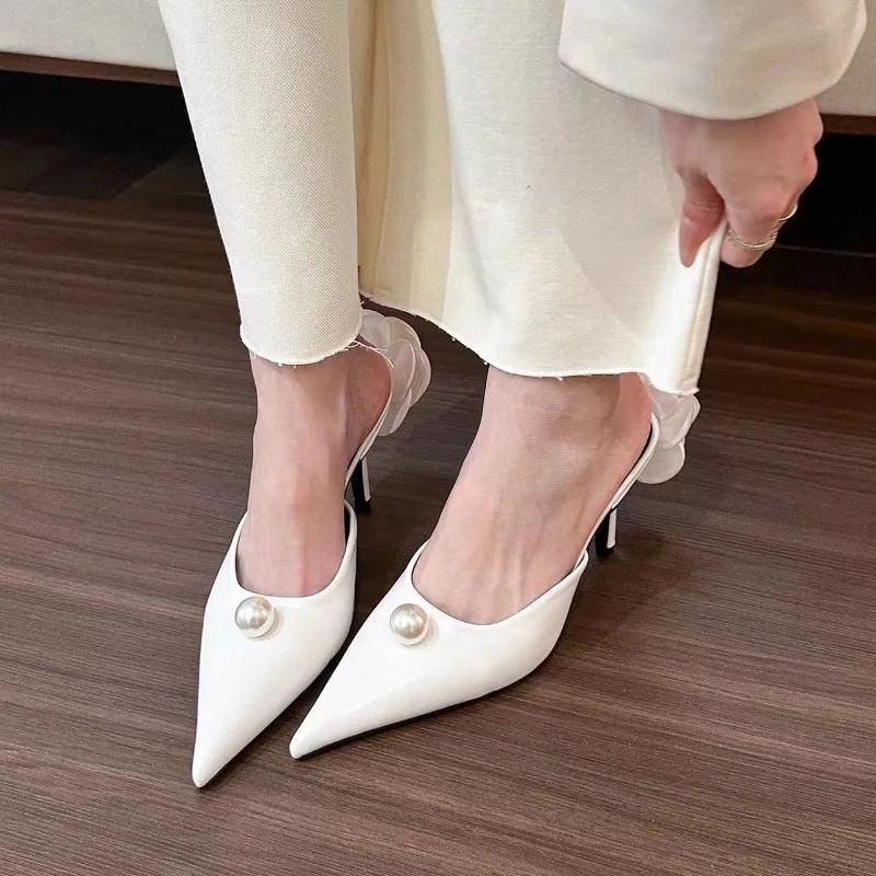 Autumn New Baotou Slippers Women's Fashion Pointed Shallow Mouth Pearl Anti-slip Wear-resistant High Heels