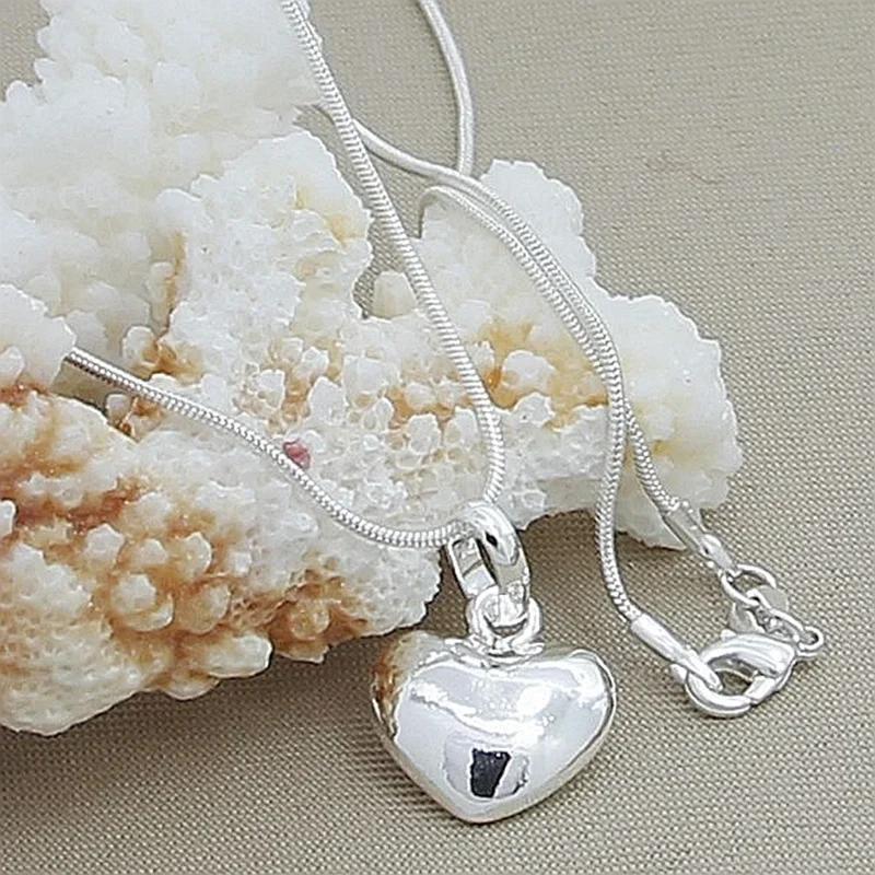 Silver Color Solid Small Heart Pendant Necklace 16-30 Inch Snake Chain For Women Wedding Charm Fashion Jewelry GIFTS