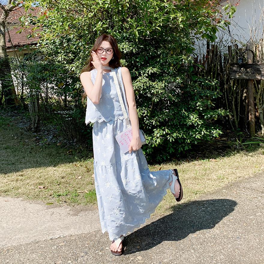 Blue Embroidered Striped Sleeveless Lace Skirt Set Women's Summer New Unique Beautiful Popular Two-piece Set