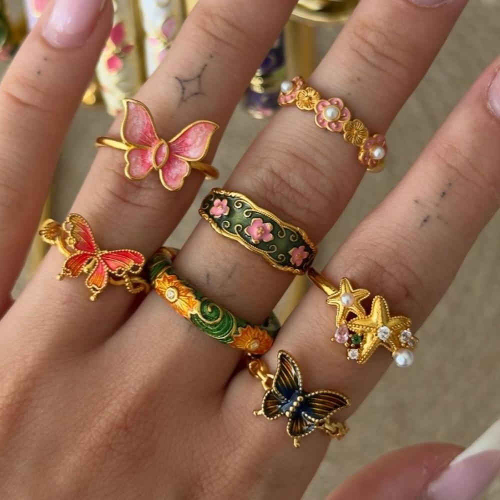 

7Pcs/Set Bohemia Gold Color Gradient Butterfly Flower Rings Set For Women Delicate Elegant Vintage Romantic Sweet Trendy Jewelry