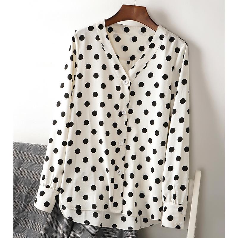 Women's Korean Style Polka Dot Chiffon Long Sleeve Shirt, Trendy White Spring Top