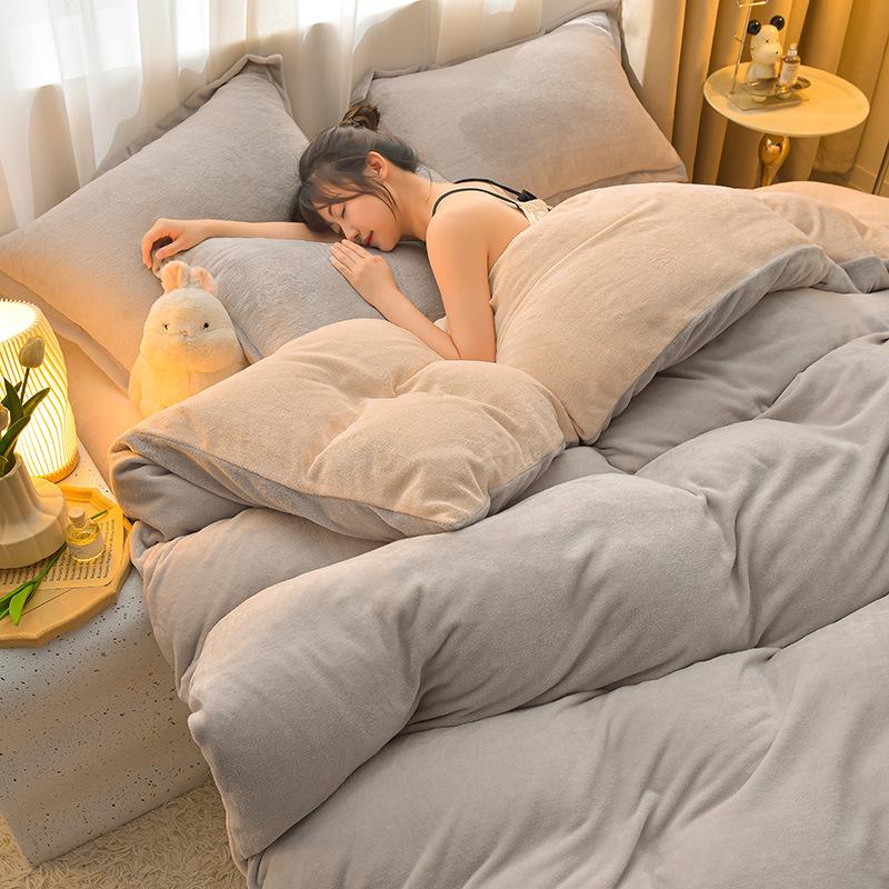 Class A Maternal Infant Grade Milk Fleece 4-Pcs Set, Warm Thickened Coral Fleece Fleece Bed Sheet, Bed Hat, Quilt Cover 3-Pcs Set