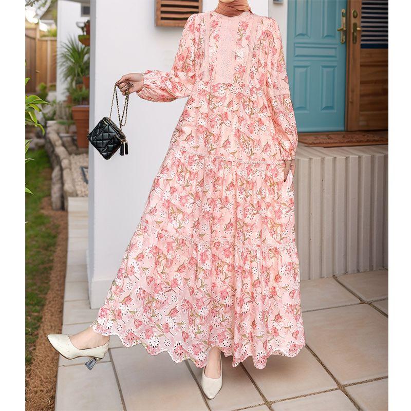 2025 Amazon Middle East New Dress Fashion Print Embroidery Lace Stitching Long Dress Dress