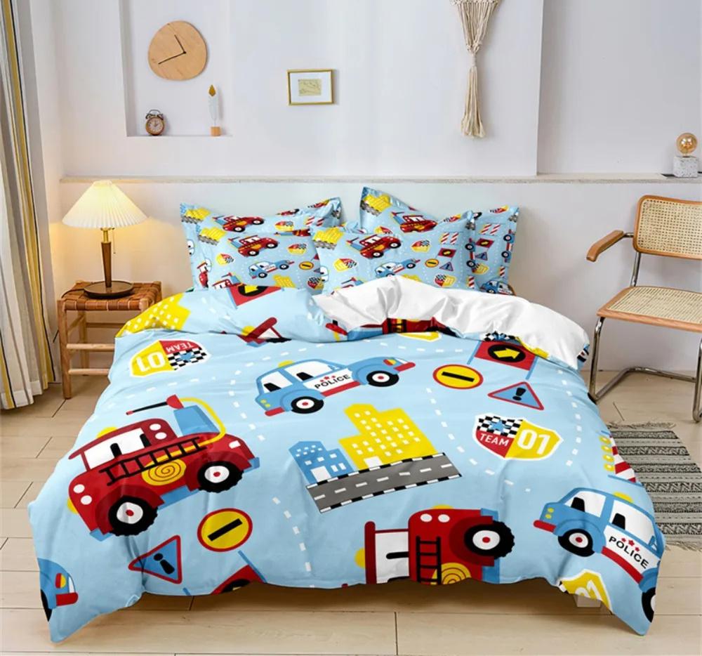 Cartoon Auto Bettwäsche Set Baufahrzeuge Bettbezug 3 Teile Kinder Maschinen LKW Weicher Polyester Bettbezug Für Jungen Geschenk