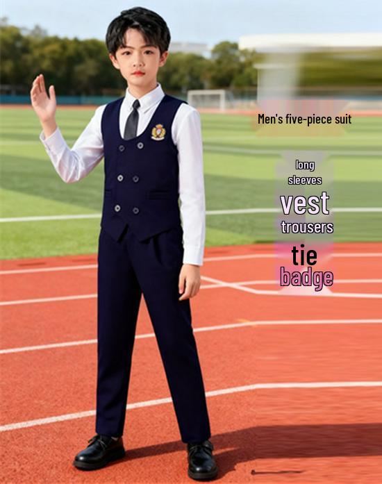 Children's Patriotic Choir Costumes - Boys & Girls Blue Outfits with Red Scarf for Recitation Competitions