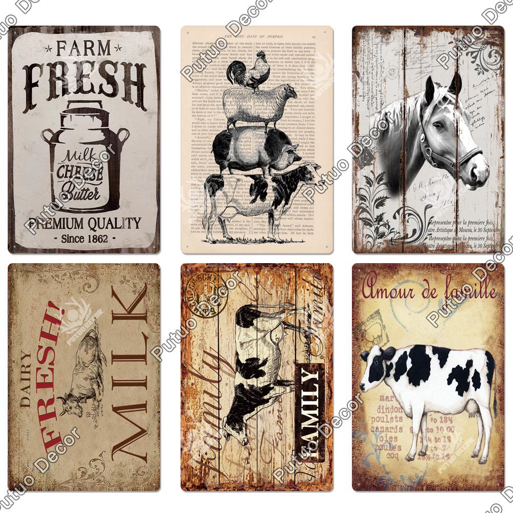 Putuo Decor Farm Tin Sign Milk Vintage Tin Sign Plaque Metal Plate Retro Poster for Farmhouse Cow Pig Wall Stickers Art Decor