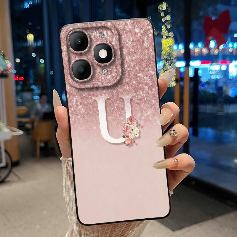 Fashion Design Initial Letter With Flower Pattern Phone Case For Itel A90 Soft Silicone Anti-scratch Black Couple Casing