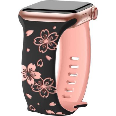 Armband für Apple Watch Series 11 10, 9 8 SE 7 6 5 4 3 2 1 Ultra 2/3, 42mm-44mm-45mm-46mm-49mm - Silikon Gravur Blume Schwarz/Rosa