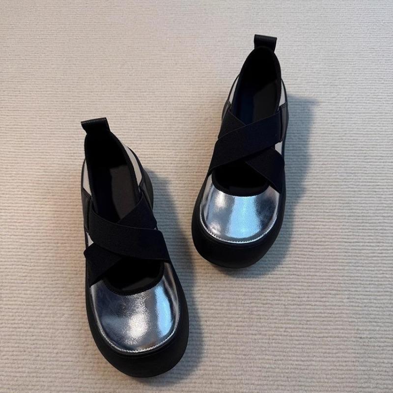 Thick-soled Sports Ballet Shoes, Women's Versatile Soft Leather Round-toed Single Shoes, Retro Shoes
