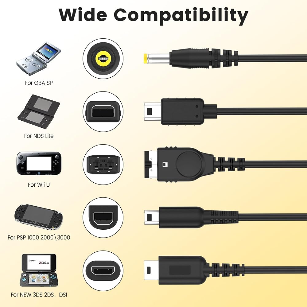 5in1 USB Charging Cable 1.2M for Nintendo New 3DS (XL/LL), 2DS, DSi (XL/LL), Wii U, PSP 1000/2000...