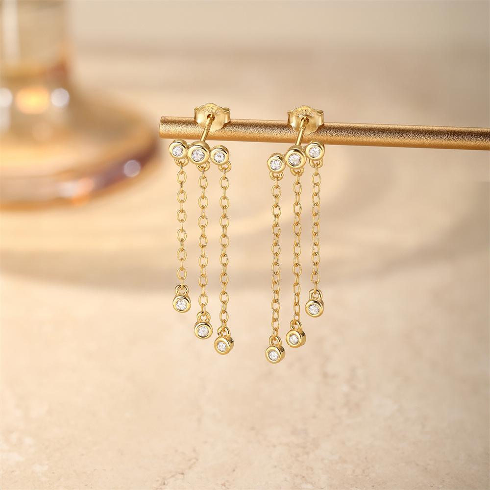 Fashion Jewelry 925 Sterling Silver Long Tassel Chain Diamond Heart Shape Zircon Gold Plated Stud Earrings for Women
