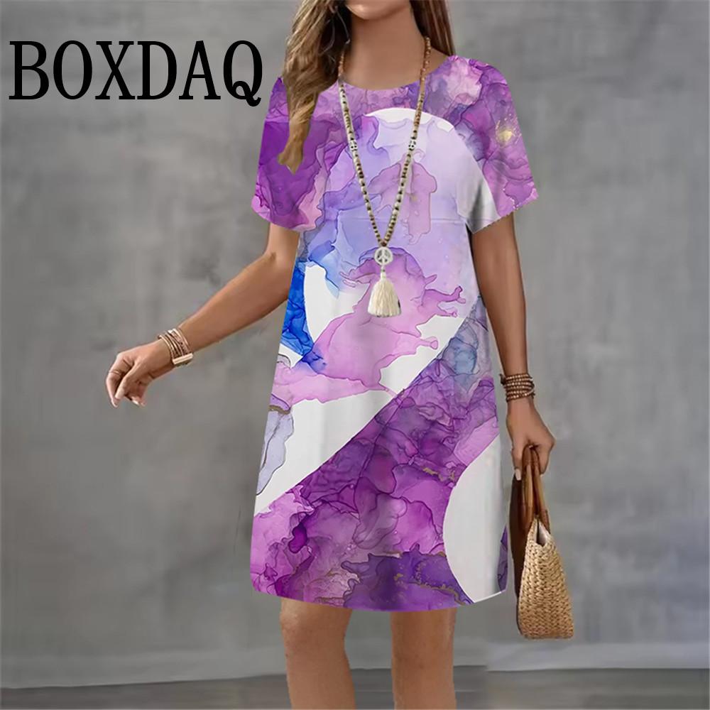 2026 Summer Abstract Dress 3D Print Streetwear Women's Elegant Fashion Loose Short Sleeve Dresses Female Tie Dye Woman Clothing
