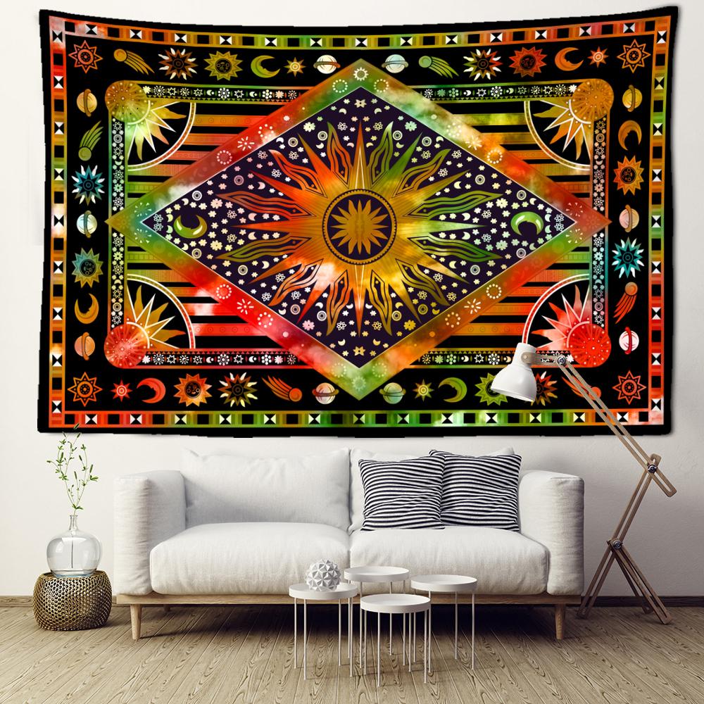 Zielony i pomarańczowy gobelin tarota słonecznego wiszący na ścianie hipisowski tapiz abstrakcyjna sztuka psychodeliczny czarostwo pokój wystrój domu