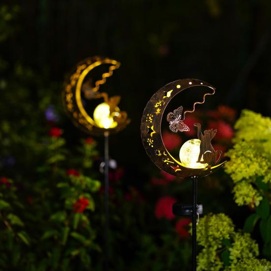 Solar Animal Garden Light, Moon Cat Bird Dog Solar Light with Metal Stake, Solar Powered Outdoor Animal Crescent Light for Patio Pathway Yard Decor