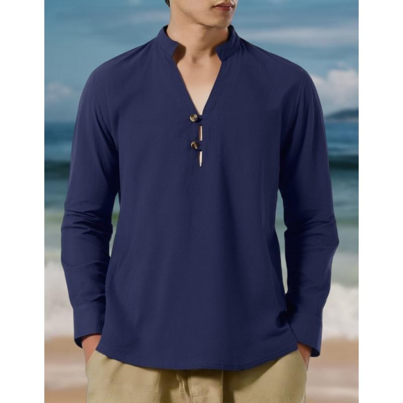 Men Stand Collar Long Sleeve Casual Shirt