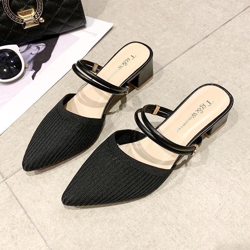Baotou, One Shoe, Two Sandals, Women's 2025 Summer New Knitted High-heeled Stiletto, and One-word Cool Slippers