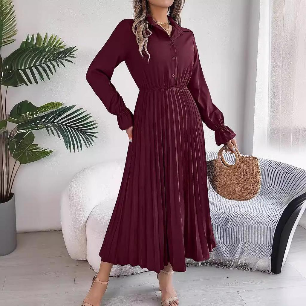 Spring Summer Women Long Sleeve Solid Pleated High Waist A Line V-Neck Long Dress