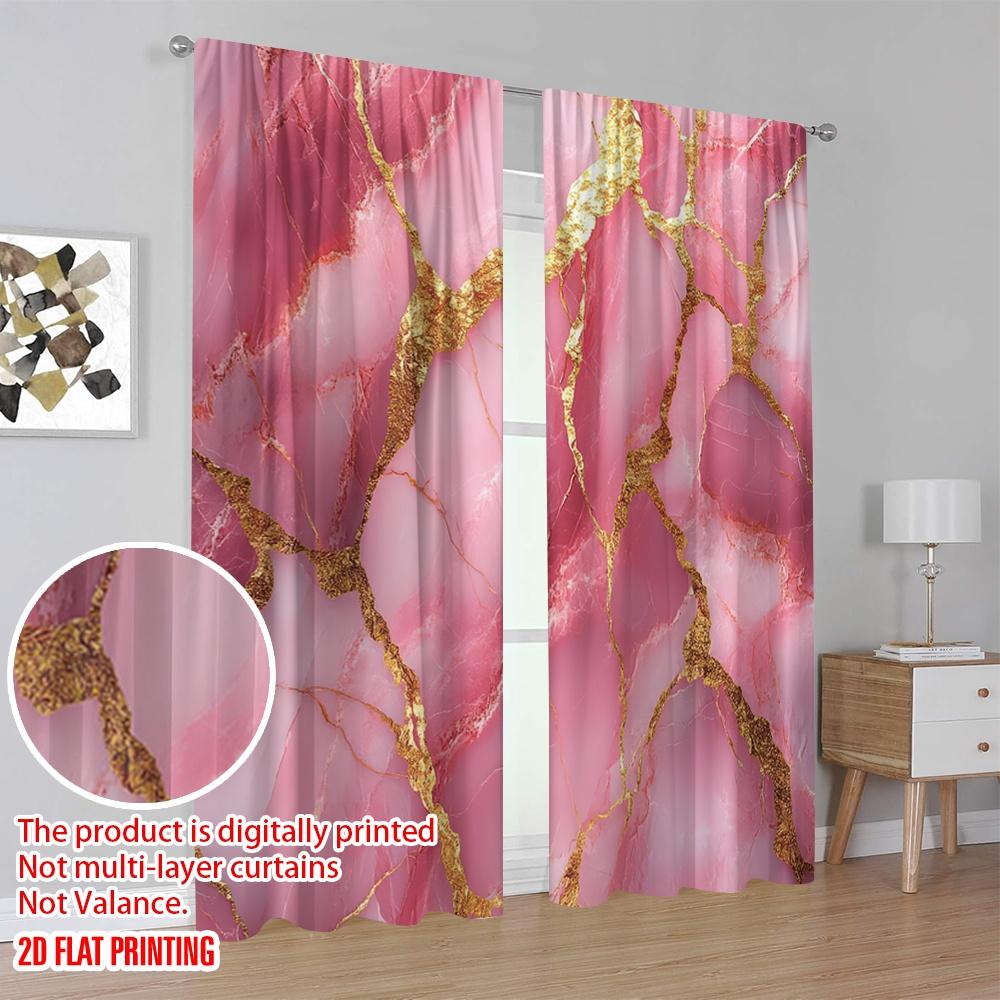 Set Of 2 Flat Printing Scene Curtains Pink Marble Polyester Family Party All Occasions Decorate Curtain Blackout