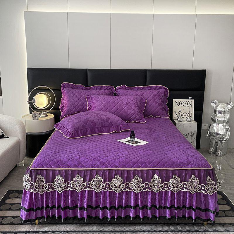 Lace Quilted Crystal Velvet Bed Skirt Three-piece Set for Autumn and Winter Warmth Coral Bed Cover Thickened Fleece Bed Cover Protection Cover Bedding